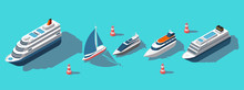 Isometric Ferries, Yachts, Boats, Passenger Ships Vector Set. Illustration Of Ship Ferry And Boat, Sea Transport Passenger