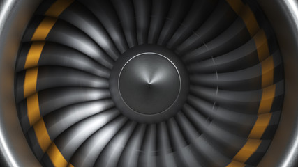 Wall Mural - jet engine, close-up view engine blades. engine blades at the ends painted orange. front view of a j