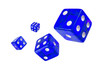 Four blue dice flying randomly in the air on a white background, isolated