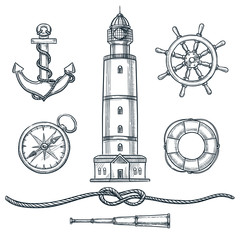 Wall Mural - Summer nautical vintage icons set. Vector hand drawn sketch illustration. Sea and marine isolated design elements