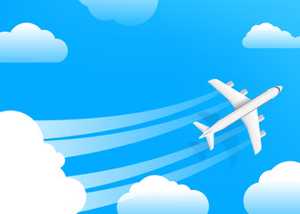 Canvas Print - Air travel vector illustration. Modern aircraft in a sky with clouds