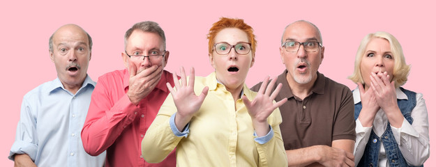 Oh no concept. Collage of mature men and women looking at camera, keeping mouth wide opened feeling shocked and stressed. Can not believe my eyes.