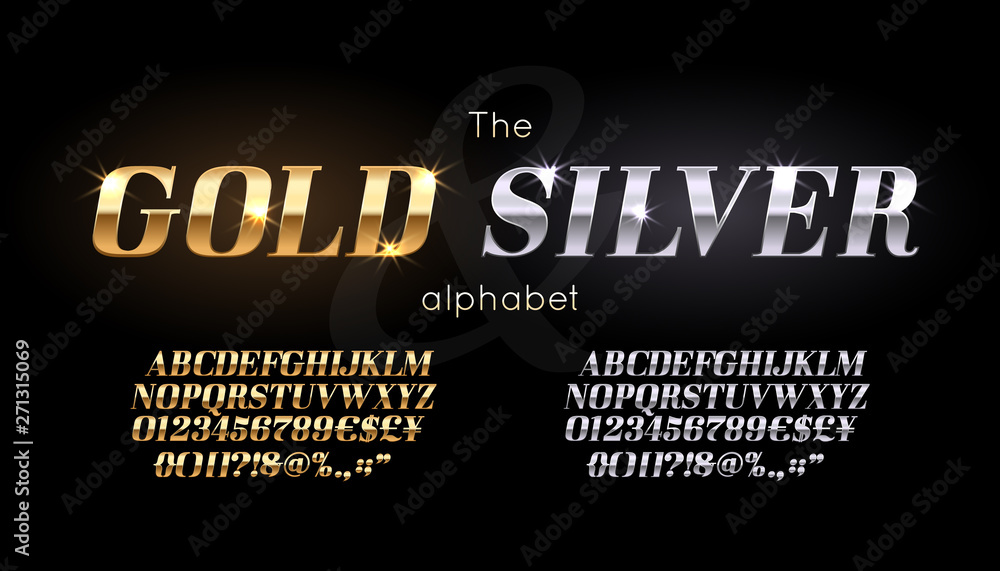Silver and Gold serif font and alphabet. Vintage abc, vector english letters and numbers - obrazy, fototapety, plakaty 