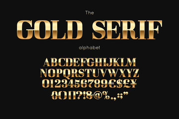 Wall Mural - Gold serif font and alphabet. Vintage abc, english letters and numbers