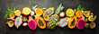 canvas print picture - Tropical fruits on a brown background: papaya, mangosteen, cactus fruit, pytahaya, pineapple. Top view. Free space for text.