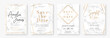 Wedding card design with golden frames and marble texture. Set of wedding announcement or invitation design template with geometric patterns and luxury background. Vector