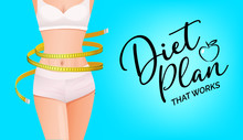 Slender Woman Body With Yellow Measure Tape At Waist - Diet Plan Banner
