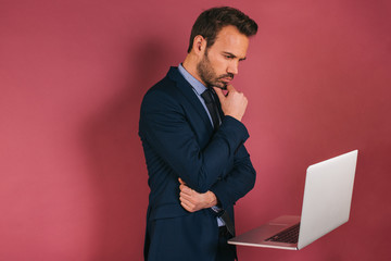 Wall Mural - Handsome businessman working in a laptop