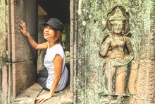 Traveler Asian Woman Visiting Ancient Ta Som Temple In Angkor Archeological Area In Cambodia