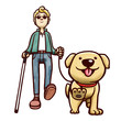 Cartoon illustration of a blind white man walking with guide dog. Isolated on white background.