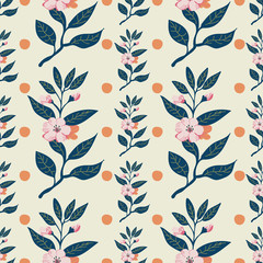 Wall Mural - Pretty flower branch seamless pattern with polka dots on a light beige background. Vector. Light pink, orange and green color palette. Great for gift paper, textiles, fashion, home decor.