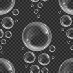 Wall Mural - Seamless pattern with realistic floating soap bubbles on transparent background. Design element for advertising booklet, flyer or poster