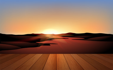 Wall Mural - wooden floor with landscape of the river in morning