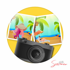 Wall Mural - Hello Summer template or poster design with realistic digital camera and summer holiday enjoying female photos on yellow circular background.