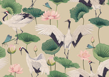 Seamless Pattern With Japanese Cranes And Lotus Flowers