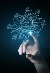 Fototapete - Businesswoman protecting her datas with thin line security interface