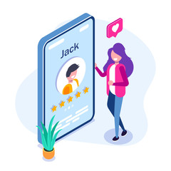 Online dating concept. Young girl evaluates the profile of a guy in a social network or application for dating. Five stars. Vector isometric 3d illustration.