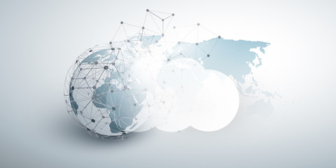 Cloud Computing Design Concept - Digital Connections, Technology Background with Earth Globe, World Map and Geometric Network Mesh 