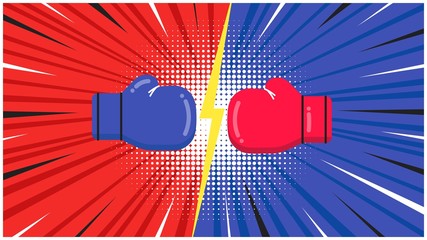 Versus screen with boxing gloves flat style design vector illustration. Fight screen for battle or gaming. Red versus blue. Fight!