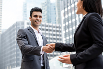 Smiing handsome young Indian businessman making handshake with businesswoman