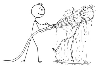 Sticker - Vector cartoon stick figure drawing conceptual illustration of man or businessman holding big fire hose and shooting water on another man who is completely wet.