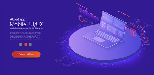 Leinwandbilder - Application of laptop with business graph and analytics data on isometric laptop . Analysis trends and financial strategy by using infographic chart. Online statistics and data Analytics. Vector 