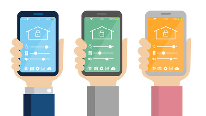 Smartphone app to control smart home (smart house) . Flat illustration holding a smartphone in hand.