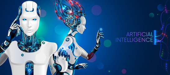 Leinwandbilder - Humanoid robot man and woman waist with ai. white cybernetic robotic cyborgs on blue background. Fantastic mechanical characters from science fiction. Artificial intelligence technology concept.