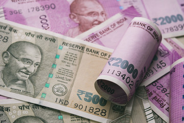 Close up shot of Indian rupee banknotes