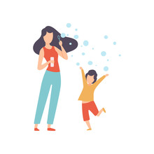 Mother Blowing Bubbles With Her Little Son, Happy Family Outdoor Activities Vector Illustration