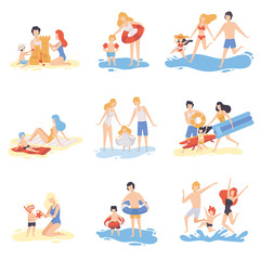 Sticker - Parents and Their Children Playing and Having Fun on Beach, Happy Family Enjoying Summer Vacation on Seashore Vector Illustration