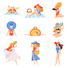 Girls In Swimwear And Hats Sunbathing On Beach, Back View, Beautiful Young Woman Enjoying Summer Vacation On Seashore Vector Illustration