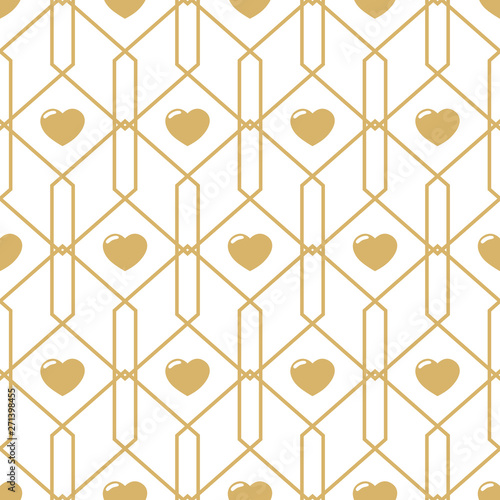 Seamless festive background. Gold pattern with hearts.