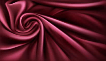 Swirl fabric silk backdrop, luxurious vinous drapery folded textile with soft spiral vortex satin waves, poster, banner or cover design template. swirled cloth knot. 3d vector realistic illustration