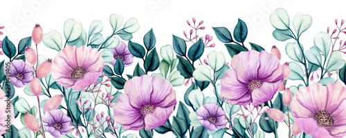 Seamless Border of Watercolor Wildflowers