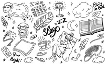 Sleep Time Concept. Hand Drawn Night Background. Sheep Pillow, Girl In Dream In Bed, Clouds And Feather, Clock Nightie, Moon And Tea. Set Of Doodle Icons, Signs. Vintage Sketch.