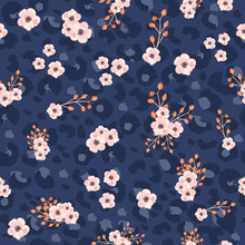 Seamless Pattern With Leopard Skin And Pink Small Flowers. Trendy Textile Print. Vector Hand Drawn Illustration.