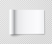 Rolled Landscape Magazine With White Paper Pages Isolated On Transparent Background. Vector Open Blank Book, Catalog Or Brochure With Folded Sheets Mockup.