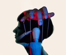 Marionette In Woman Head. Concept Of Mind Control. Image