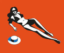 Beautiful Woman Tanning, With Sunglasses, Hat, At The Beach, Retro Style. Pop Art. Summer Holiday. Vector Seamless Pattern Illustration