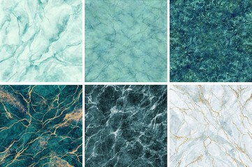 Wall Mural - abstract background, mint green malachite marble sample collection, gold veins, fake stone textures set, painted artificial marbled surface, pastel marbling illustration