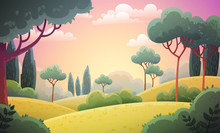 Vector Illustration Background Of The Italian Countryside. Hill Landscape With Pines And Cypresses. Morning Scenery With Sunrise Light.