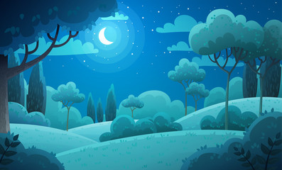 Vector illustration background of the Italian countryside. Hill landscape with pines and cypresses. Night scenery with moon and stars in dark blue sky.