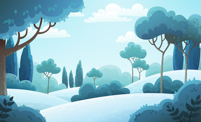 Wall Mural - Vector illustration background of the Italian countryside. Hill landscape with pines and cypresses. Winter scenery with snow covered hills and frozen trees.