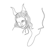 Continuous One Line Devil Woman With Horns Smoke Cigarette. Art