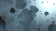 Many Asteroid Rocks Inside A Light Blue Fog With A Star Cold Blue Glow