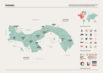  Vector map of Panama. Country map with division, cities and capital. Political map,  world map, infographic elements.