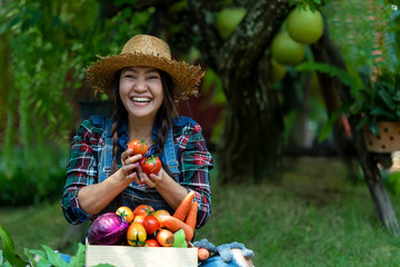 Asian happy women farmer holding a basket of vegetables organic in the vineyard outdoors countryside for sell in the markets