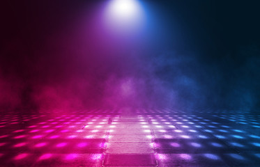 Poster - Empty background scene. Dark room, neon blue and pink figures in the dark, smoke. Abstract dark background.