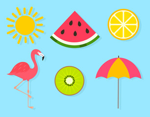 Wall Mural - Colorful sunny summer symbols on blue background.